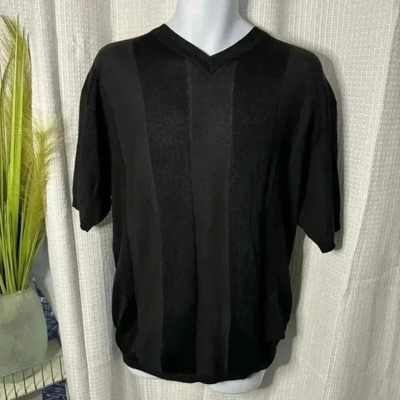 Elliott Men’s Large Black Stripped Pullover Black Knit Textured V Neck Top - Picture 1 of 13